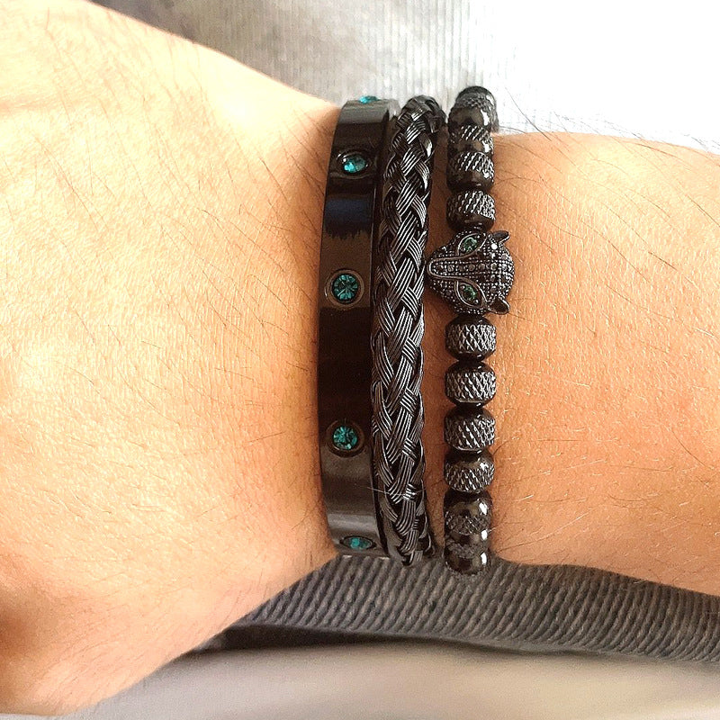 Mikro-eingelegtes Leopardkopf-Armband mit grünen Augen, Edelstahl Grüner Zirkon Zehn Diamantarmband