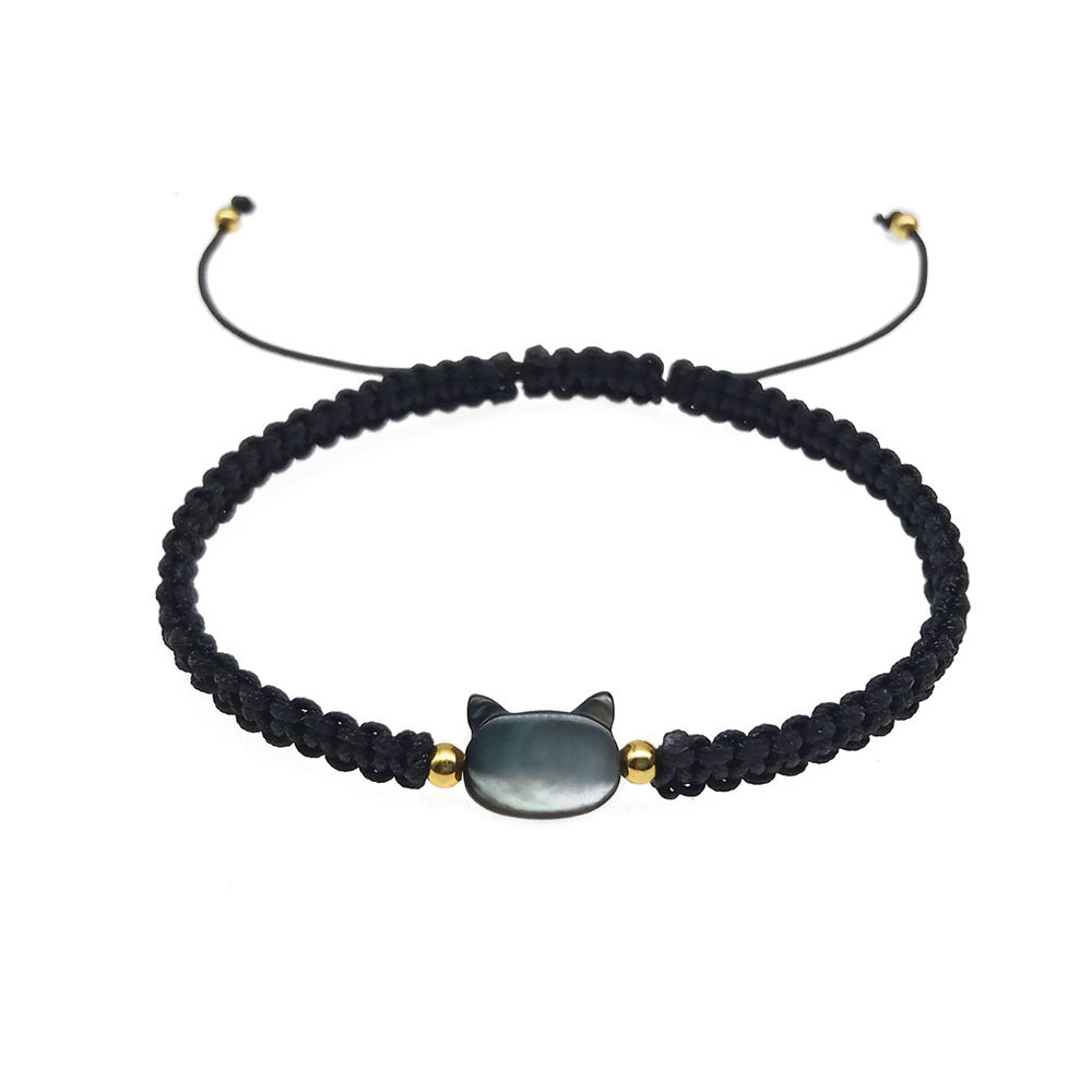 Interessantes Design Damenmuschel Schwarze Katze Handgewebtes Handseil Armband