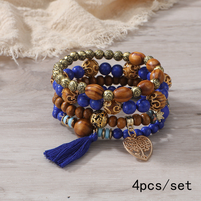 Pulsera Bohemia de Cuentas de Madera de Múltiples Capas