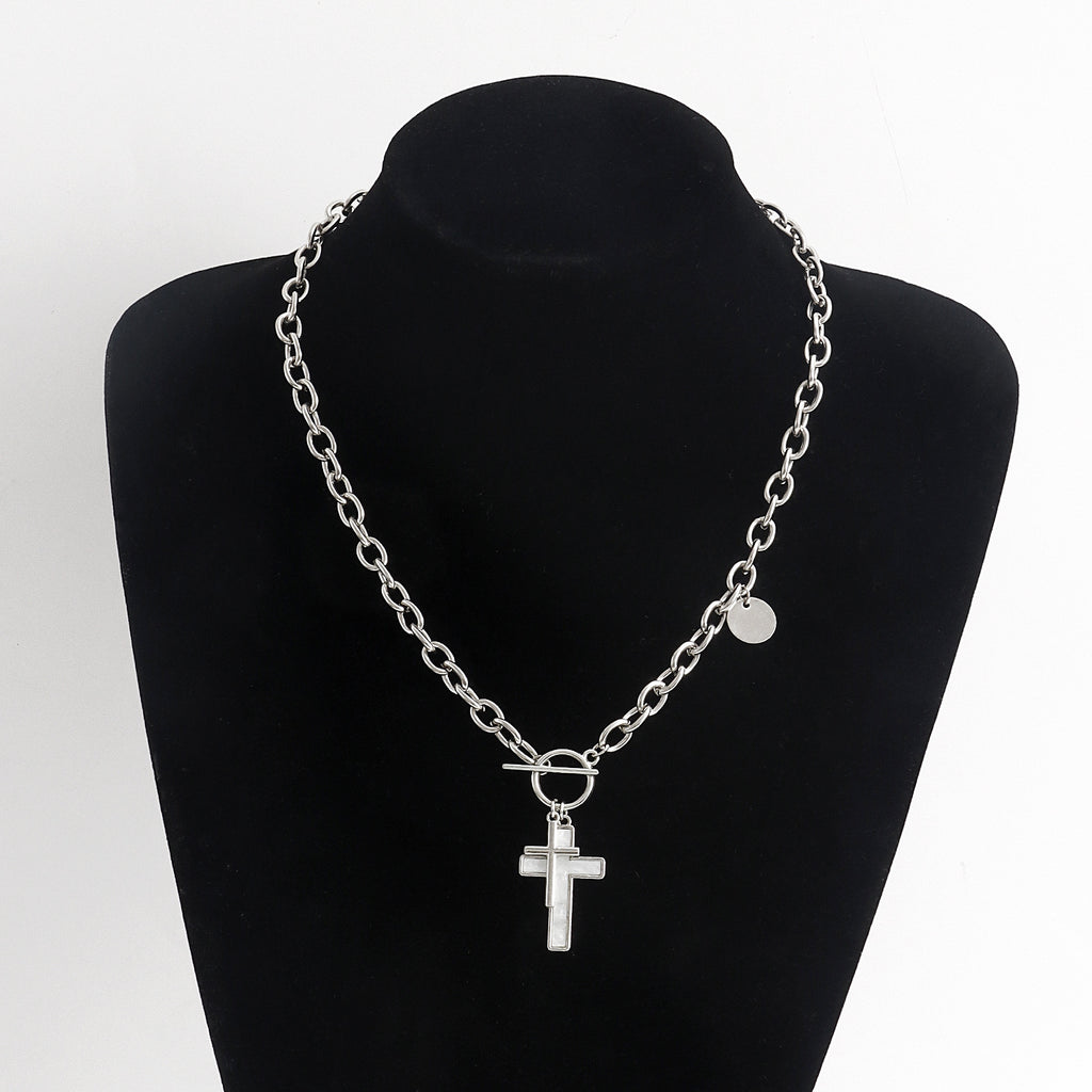 Punk Double Cross White Shell Pendant Necklace