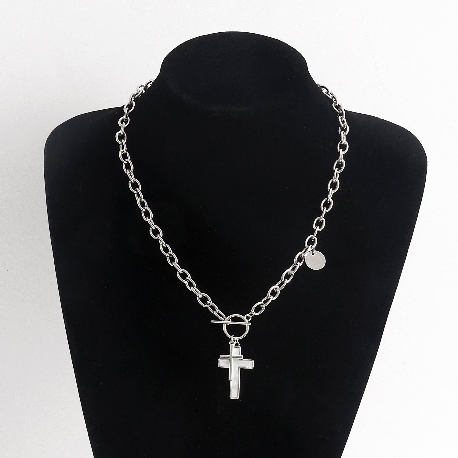 Punk Double Cross White Shell Pendant Necklace