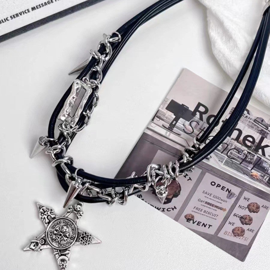 Y2k Nieten Totenkopf Sterne Anhänger Halsketten Hot Girls Gothic Punk Nischen Design Sweet Cool Trendy Modeschmuck Accessoires