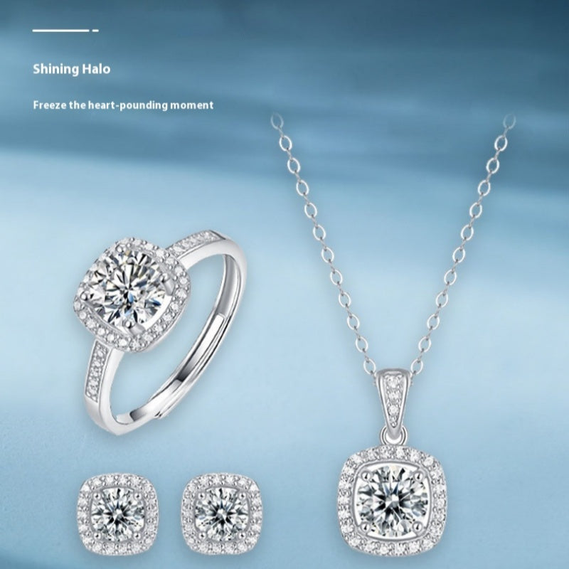 Koreanischer Moissanit-Ring-Halsketten-Set im Asterismus-Stil