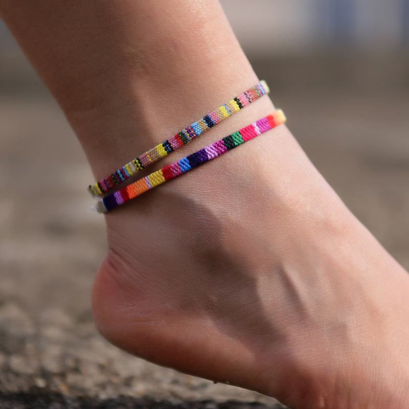 Pulsera de tobillo bohemia de cadena, de hilo, hecha a mano
