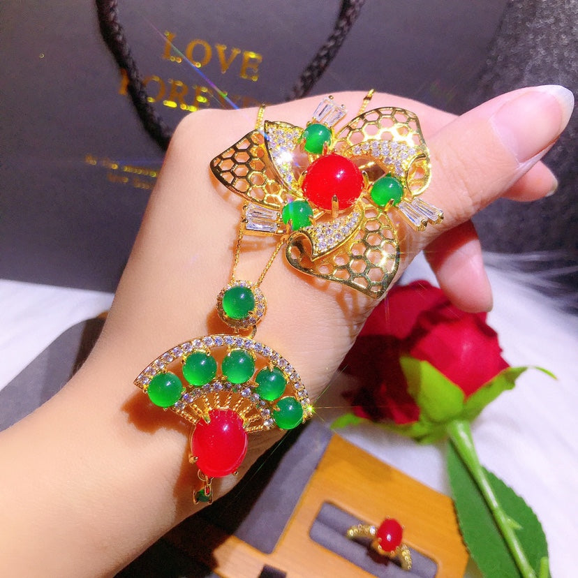 China rojo natural cornalina conjunto anillo colgante broche cristal color puro buena incrustación