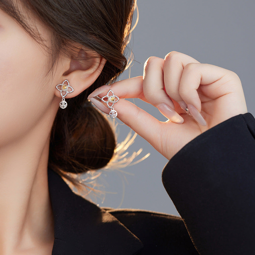 Pendientes de Perlas de Plata 925 con Diseño de Flor y Abeja