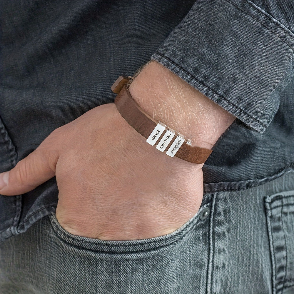 Pulsera con nombres familiares personalizada para hombres, brazalete de cuero con cuentas de acero inoxidable grabado, regalos para el Día del Padre