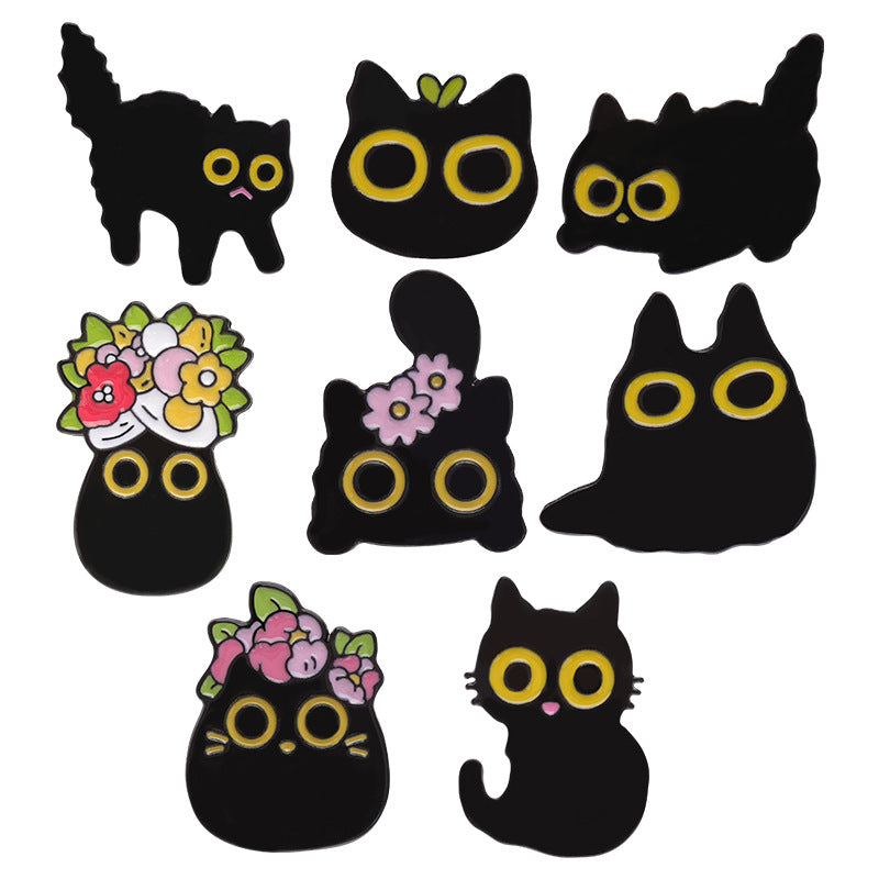 Cartoon Black Cat Blumen-Serie Niedlicher, modischer, vielseitiger Taschen-Kleidungs-Ornament-Anstecker