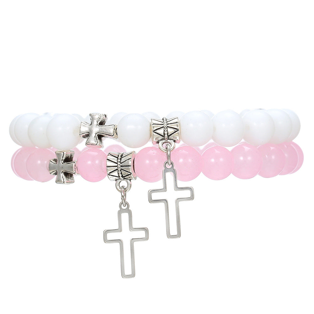 Pulsera de la amistad con cruz para parejas, pulsera de cuentas de vidrio para mujer