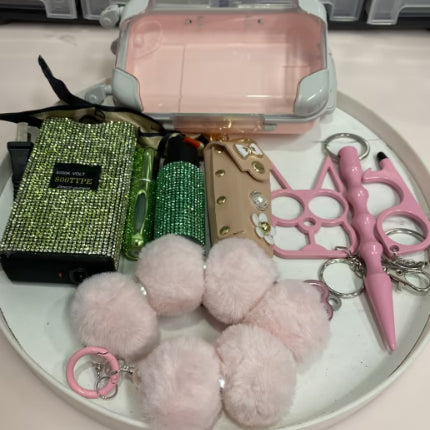 9pcs Plush Ball Green-pink Keychain Set