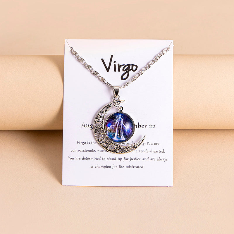 Collar con colgante de luna y 12 abalorios de cristal con signos del zodiaco para mujer y niña