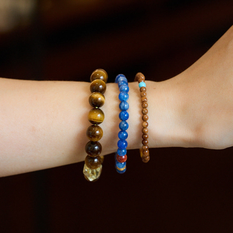 Pulsera de alta calidad con ojo de tigre bodhi natural y cristal azul, estilo nacional para mujer