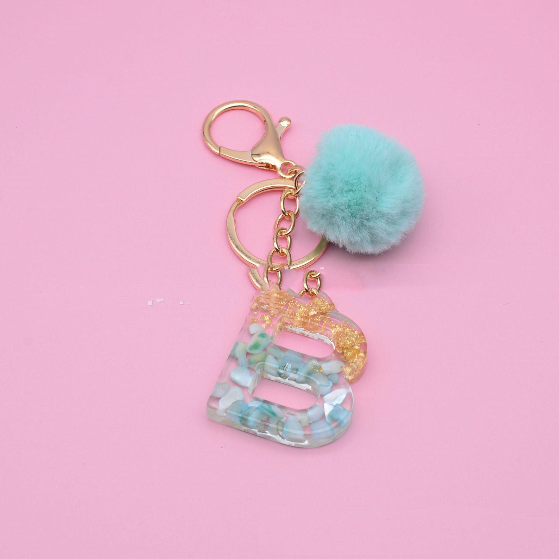 26 English Alphabet Keychains, Green Shell And Gold Foil Epoxy Bag Key Pendant