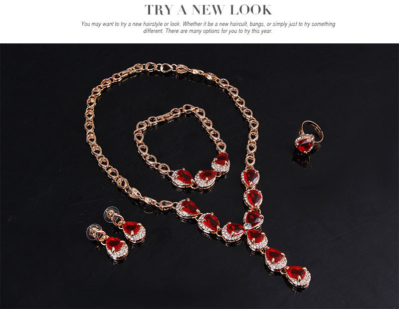 Charmantes rotes Edelstein-Schmuckset vierteilig Europäische und amerikanische Hochzeitsaccessoires
