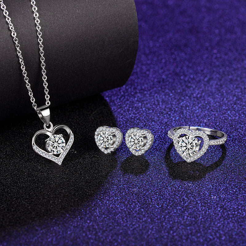 Sechs-Krallen-Moissanit-Ring-Ohrstecker-Halskette Damen-Schmuckset