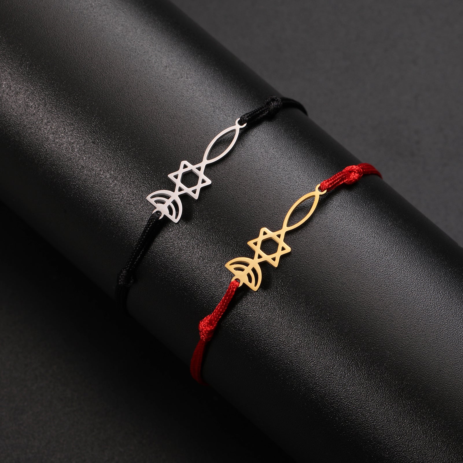 Pulsera de acero de titanio cortado, colgante de pez con estrella de seis puntas hueca