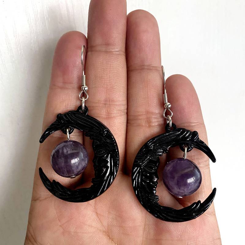 Gotisches Gesicht Schwarzer Halbmond Amethyst Anhänger Halskette Ohrringe