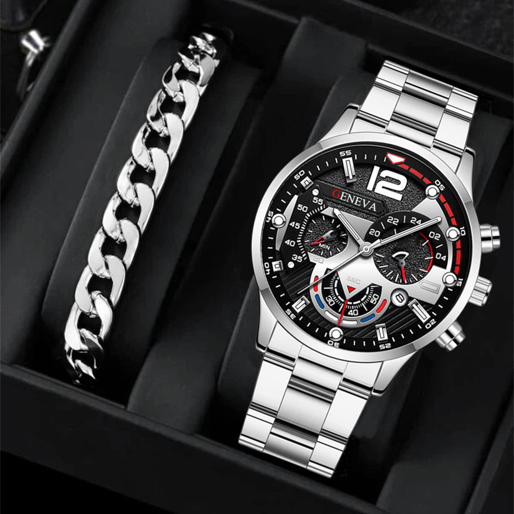 Juego de pulsera de 2 relojes de cuarzo de tres ojos de acero de moda para hombre, regalos de San Valentín