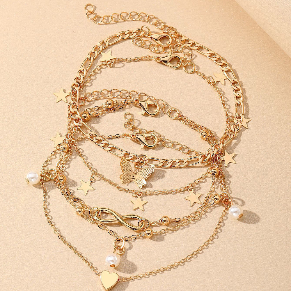 Bestseller in Europa und Amerika Schmetterling Perlen Herz Fußkettchen 4-teiliges Set Mehrlagig