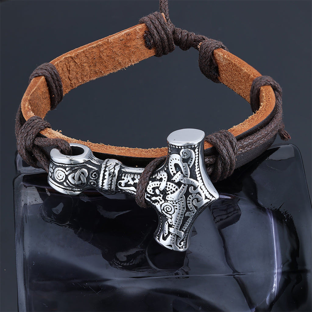 Pulsera de cordón de cuero de estilo retro de acero inoxidable