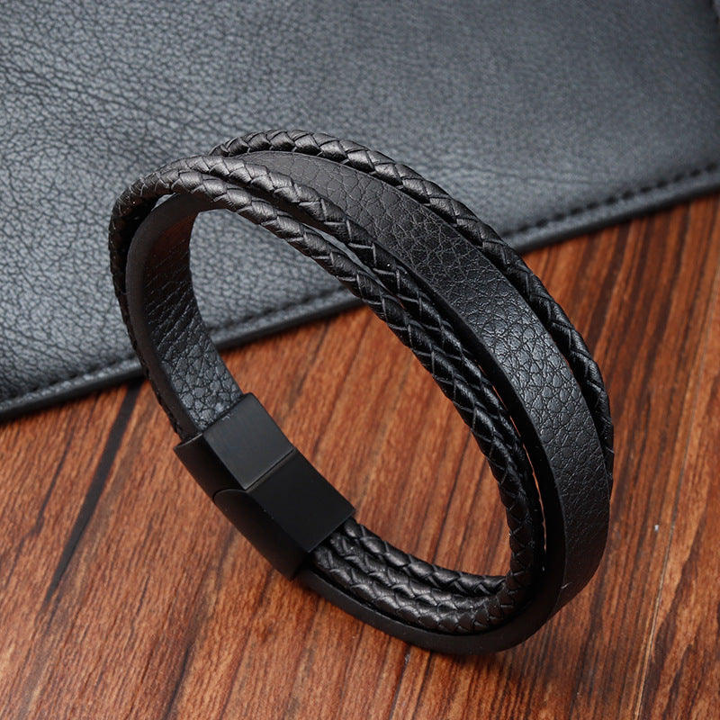 Pulsera de cuero trenzado multicapa retro