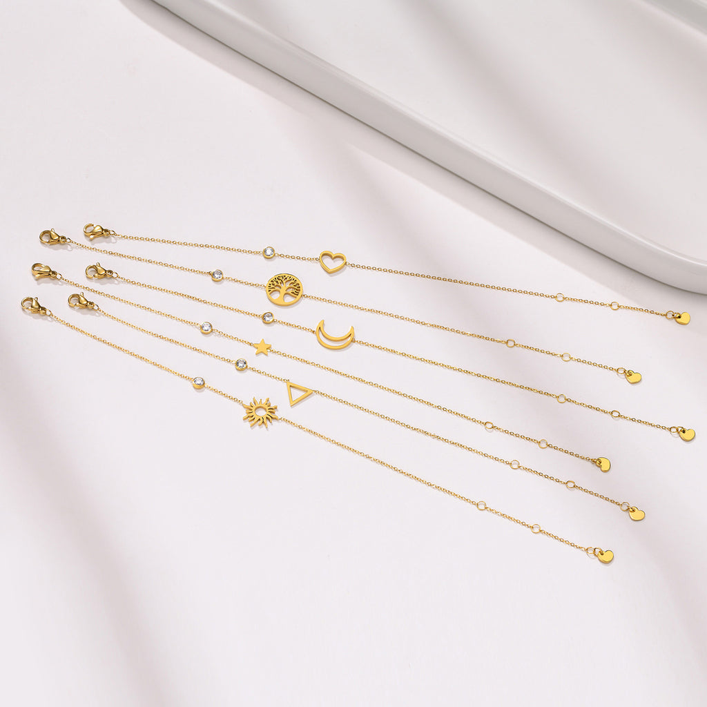 Simple Stainless Steel Thin Bracelet White Zircon Sun Moon And Star