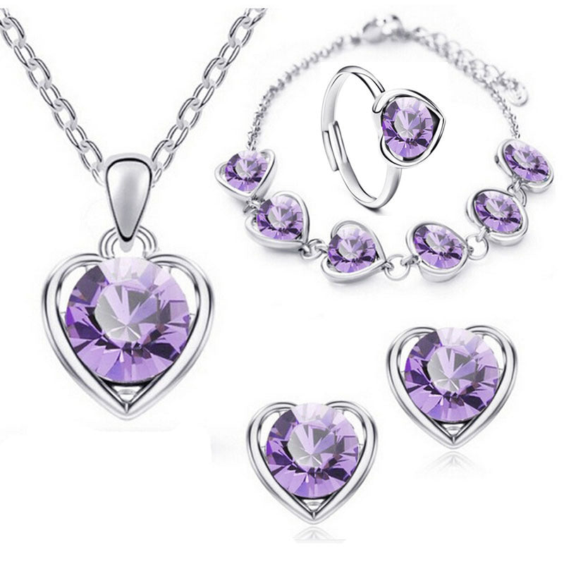 Mode Kristall Herz Herz Halskette Ohrringe Ring Armband Vierteiliges Set