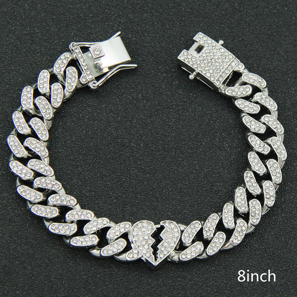 Men's And Women's Diamond Broken Heart Cuban Link Chain Necklace