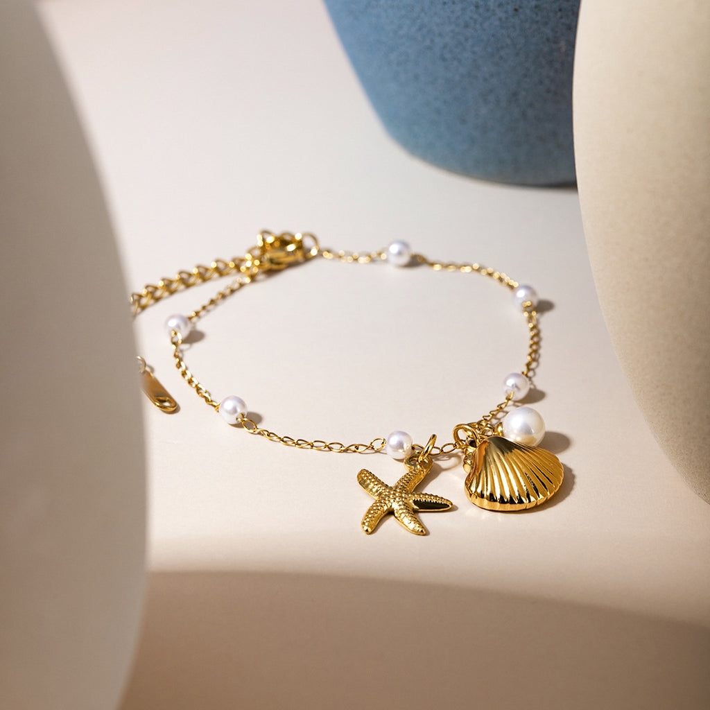 Modeschmuck 18K Gold Edelstahl Perlenkette Sommerurlaub Muschel Seestern Anhänger Armband