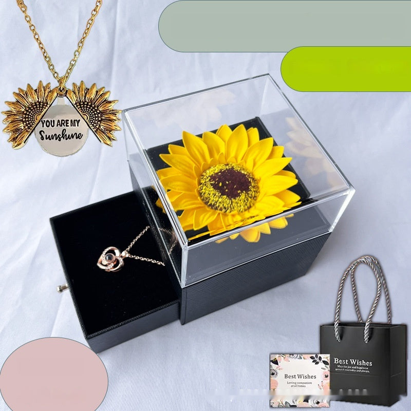 Collar Girasol Flor Artificial Caja de Acrílico para Joyas