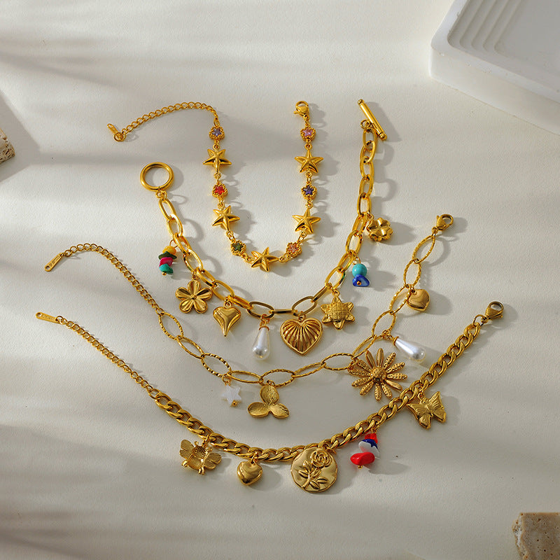 Flower Love Heart Multi-pendant Necklace Stainless Steel Bracelet