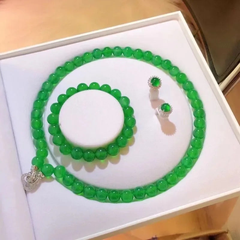 Gao Bing Emperador Jade Calcedonia Bola Pulsera Collar Pendientes Set