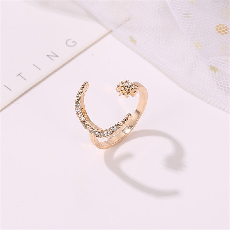 Anillos Abiertos de Luna y Estrella con Diamantes de Imitación, Joyería Personalizada de Moda para Mujer