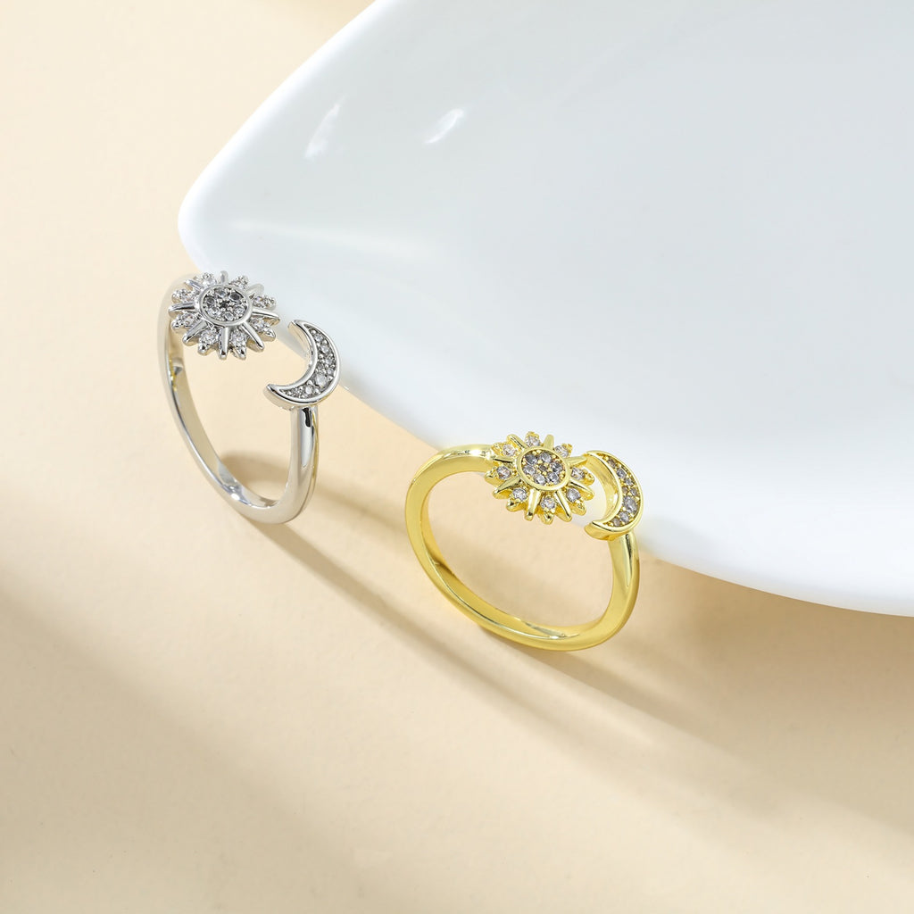 Anillo Abierto Ajustable de Estrella y Luna con Diamantes de Imitación, Anillos de Pareja con Personalidad de Moda para Joyería de San Valentín
