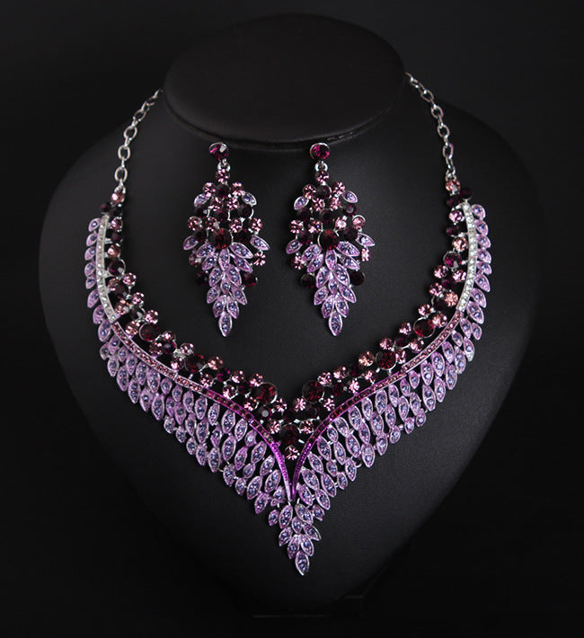 Full Rhinestone Color Clavicle Necklace Earrings Set Dress