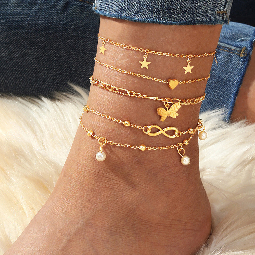 Best Seller In Europe And America Butterfly Pearl Heart Anklet 4-piece Set Multi-layer