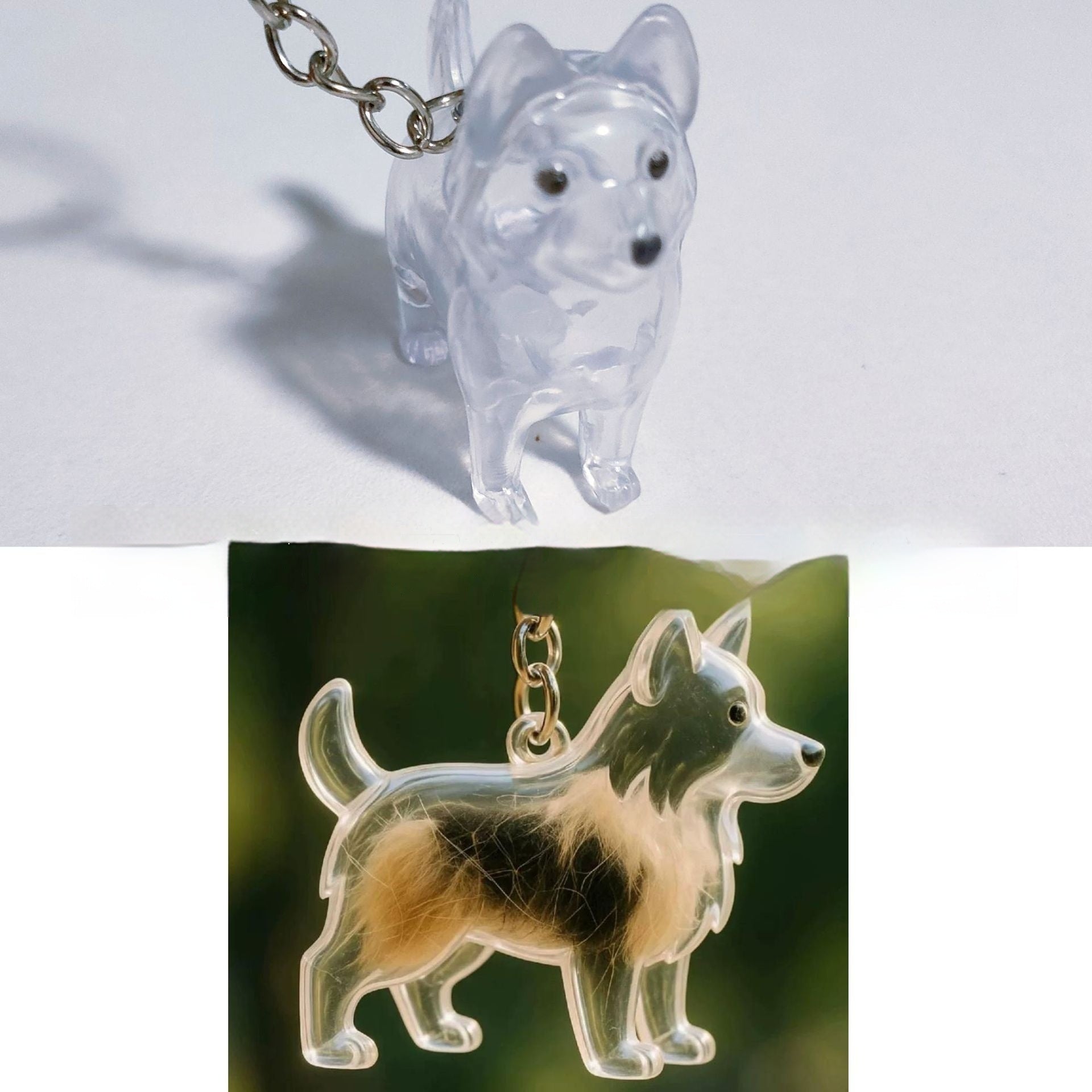 Llavero transparente para almacenamiento de pelo de mascota con colgante de bola peluda