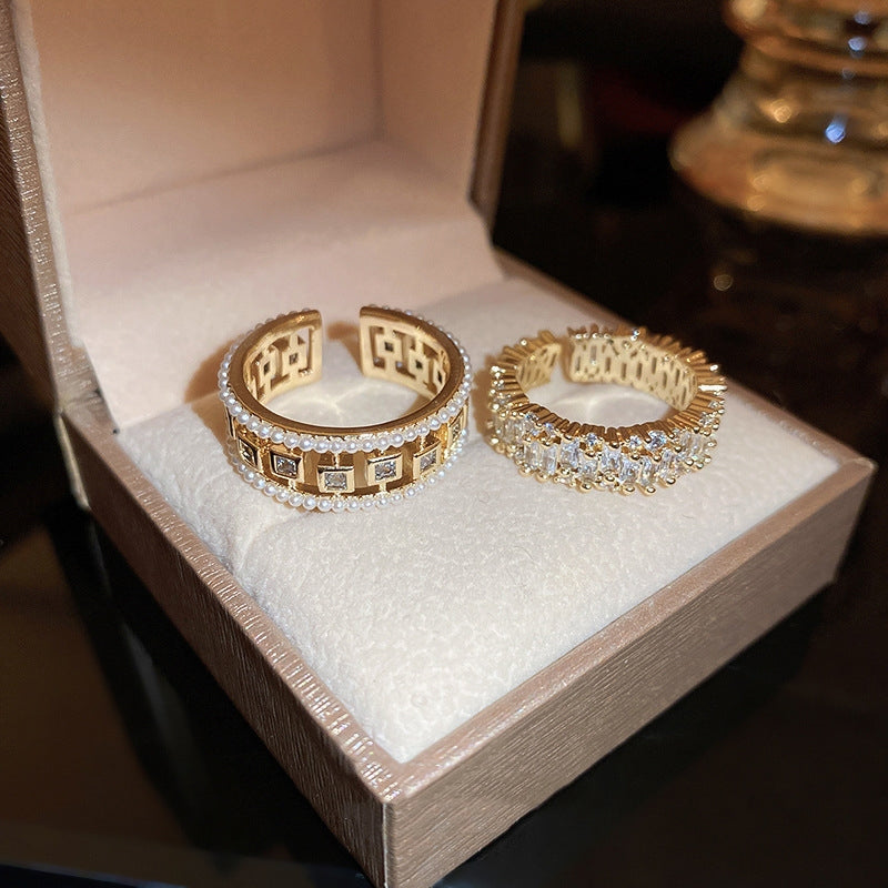 Anillo de Perlas de Circonita Calado Cuadrado Abierto Estilo Europeo y Americano Joyería Femenina