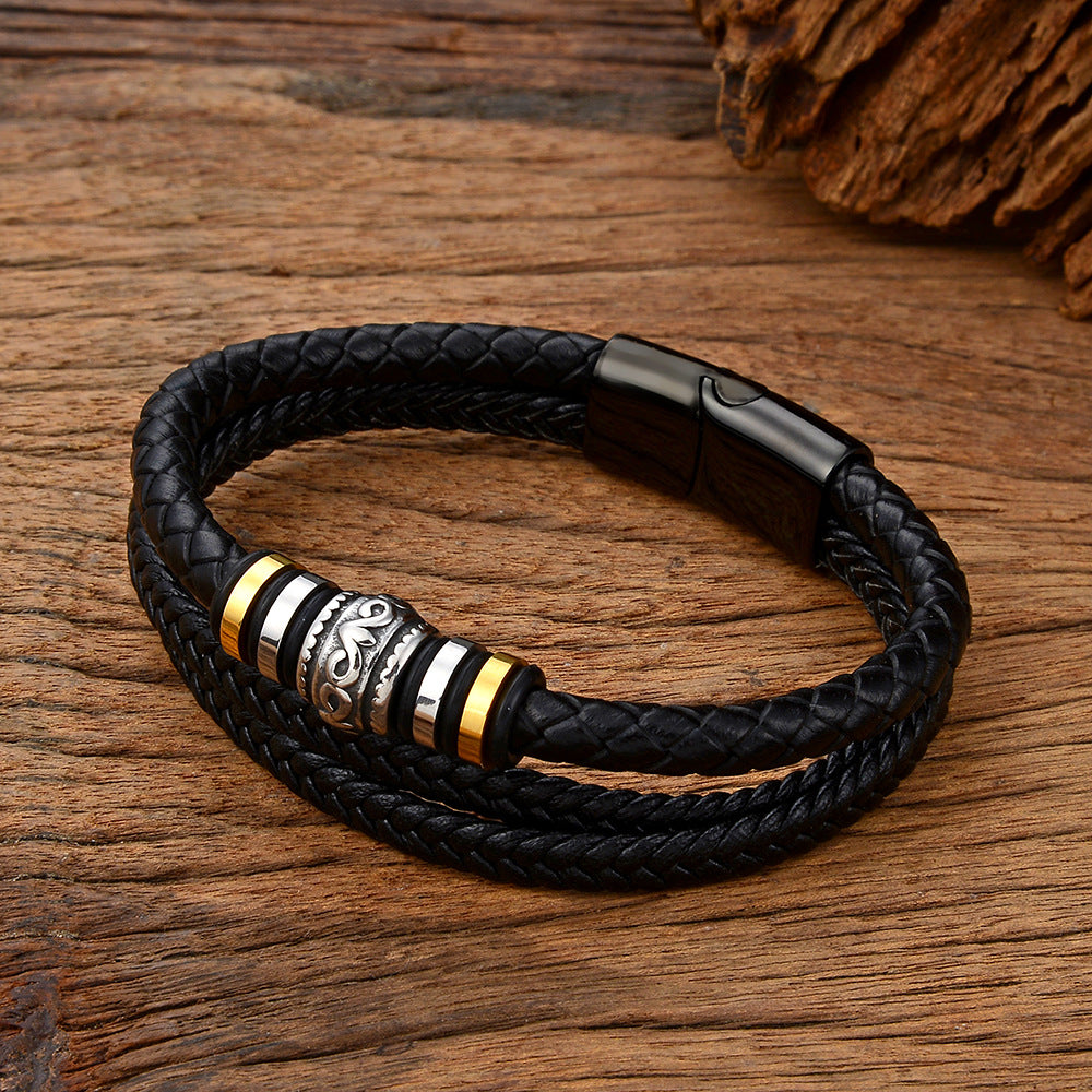 Pulsera de cuero DIY multicapa de acero inoxidable para hombre