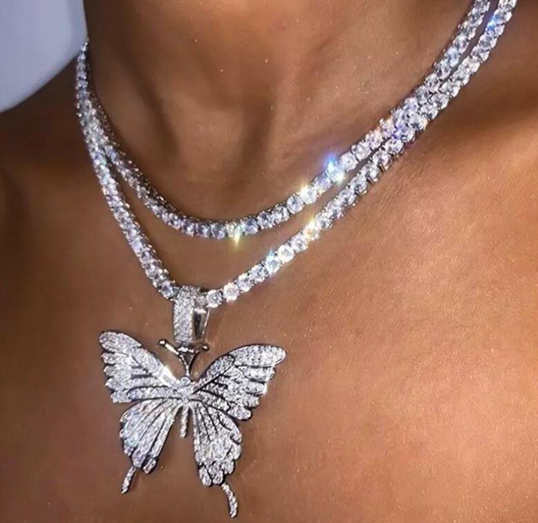 Explosive Strass Schmetterlings-Anhänger Halskette Hip-Hop Schmuck Tennis Choker Kubanische Schmetterlings-Halskette