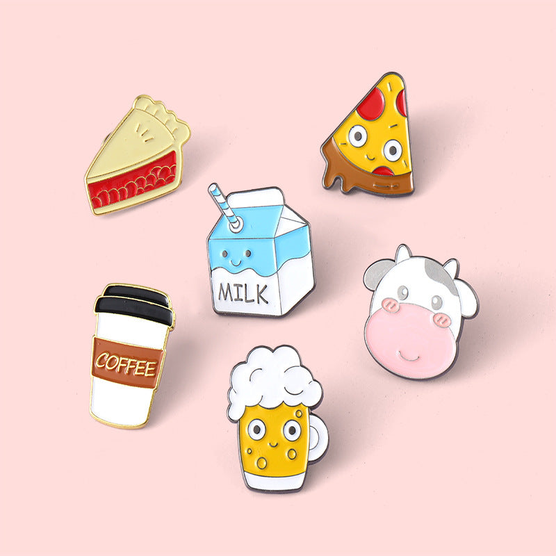 Broche de metal con diseño de leche, pizza, café, comida y juguetes, muy solicitado