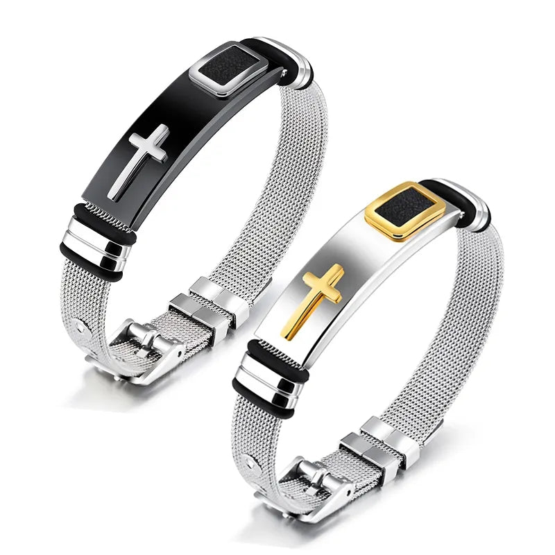 Herren Verstellbares Armband 3D Kreuz Edelstahl Mesh-Kettenarmbänder Armreifen
