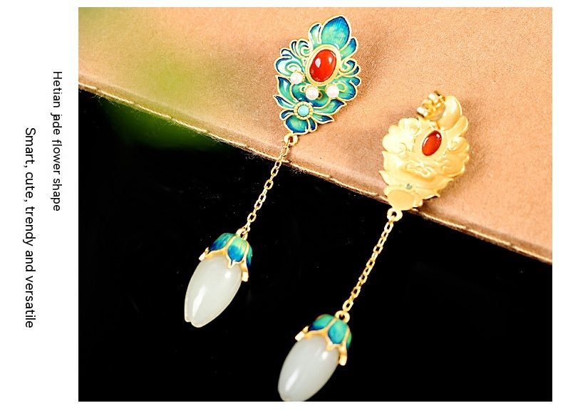 Pendientes de flor de plata S925 con incrustaciones de jade blanco Hetian