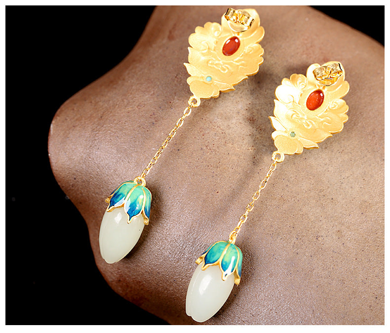 Pendientes de flor de plata S925 con incrustaciones de jade blanco Hetian