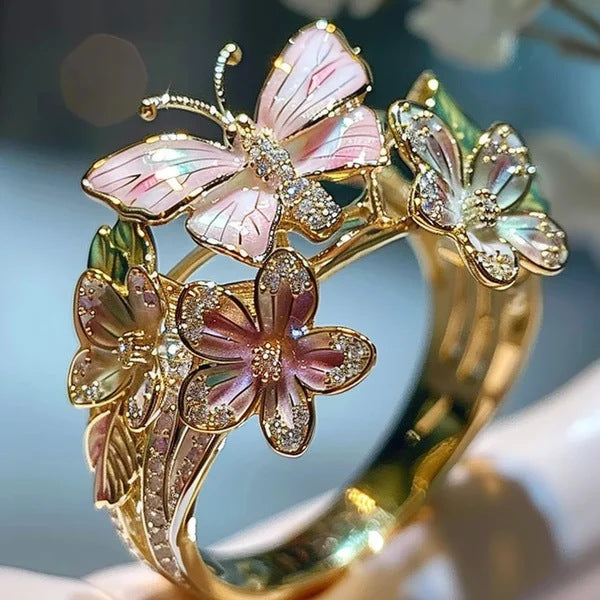 Anillo de mujer de mariposa y flor con aceite goteante, con incrustaciones de cristal 3D brillante, elegante, ajustable y transparente, chapado en oro, con diseño de animales e insectos, estilo estético, joyería de moda