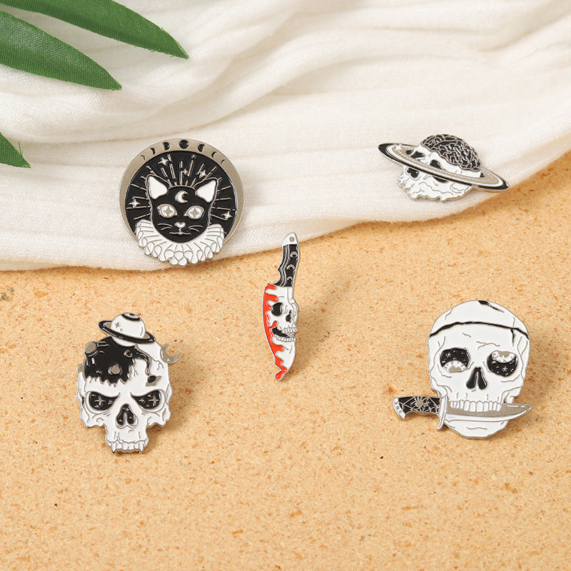 Broche de Calavera, Cabeza de Gato Negro, Insignia de Metal Horripilante
