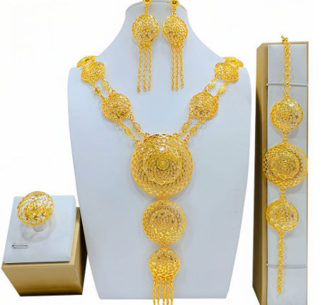 Traje de joyas de oro, collar, pulsera, pendientes y anillo de boda nupcial árabe