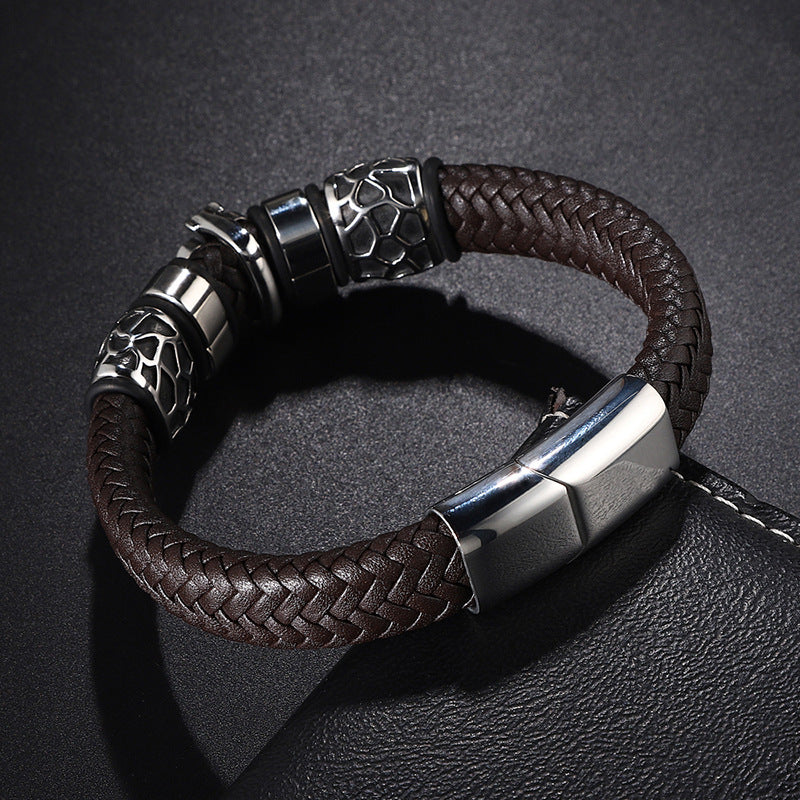 Edelstahl Charm Herren Lederarmband