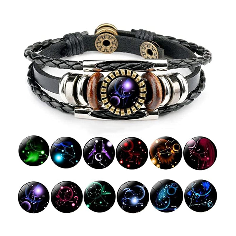 Sternzeichen-Armbänder für Damen und Herren 12 Konstellationen Perlen Geflochtene PU-Lederarmbänder