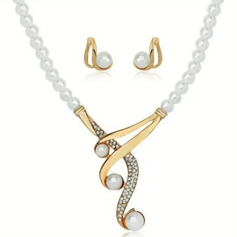 Un collar de perlas artificiales redondas y un par de pendientes geométricos de perlas artificiales redondas son modernos, elegantes y nobles, regalos perfectos para amantes y amigos.
